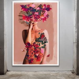 Floral Woman Figure Painting, Feminine Body Art with Flowers, Botanical Modern Wall Decor, Elegant Nature Canvas Print