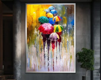 Colorful umbrellas wall art, People walking painting, Rainy day artwork, City street , Modern urban decor, Color splash, Rainy scene art