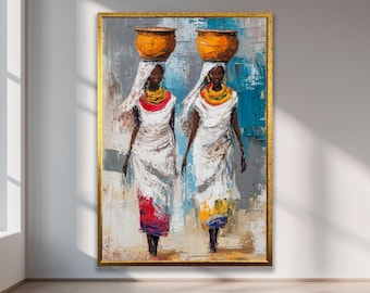 African Women Wall Art – Elegant Tribal Canvas Painting with Traditional Dresses and Baskets, Modern Cultural Home Decor