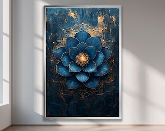 Blue Lotus Canvas Wall Art | Sacred Geometry Floral Painting Print | Elegant Spiritual Artwork for Modern Home and Office Decor