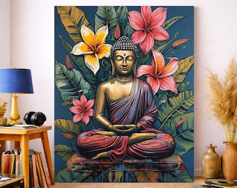Floral Buddha Meditation Canvas Art, Colorful Zen Wall Decor, Spiritual Yoga Artwork, Mindful Home Gift