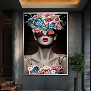 Floral Woman Figure Painting, Feminine Body Art with Flowers, Botanical Modern Wall Decor, Elegant Nature Canvas Print