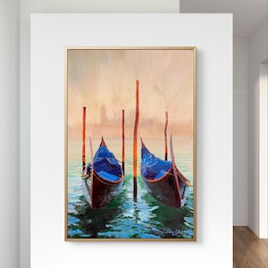 Venice Gondolas Art Print – Maritime Art, Wall Art, Italian Landscape, Blue Red, Canvas Print, Elegant Decor
