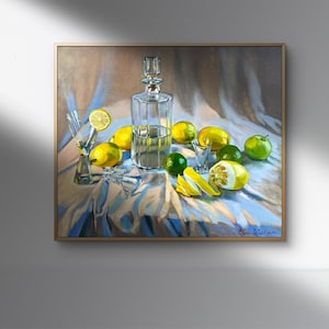 Natura morta con limone e luce, agrumi, arte realistica, cucina moderna, frutta, limoni, lime, stampa digitale