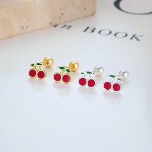 925 Sterling Silver Cherry Screwback Earrings Gold Cherry Stud Earrings Small Silver Cherry Stud Earrings Gift For Her Dainty Jewellery Gift
