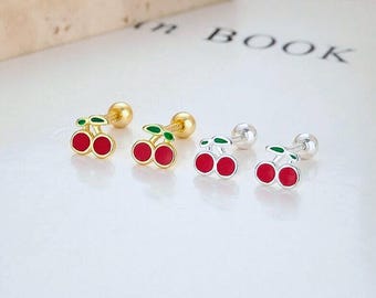 925 Sterling Silver Cherry Screwback Earrings Gold Cherry Stud Earrings Small Silver Cherry Stud Earrings Gift For Her Dainty Jewellery Gift