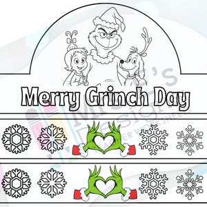 May include: Black and white printable paper crown featuring the Grinch and the text "Merry Grinch Day". Includes snowflakes and Grinch-themed hand-heart graphics. The crown has "Glue" tabs for assembly.
