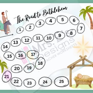 Può includere: Un colorato foglio di lavoro educativo intitolato "The Road to Bethlehem" con cerchi numerati, palme e illustrazioni di una famiglia su un asino e una mangiatoia con un bambino. È visibile anche il testo "Mrs. Designs Teacher Worksheets".
