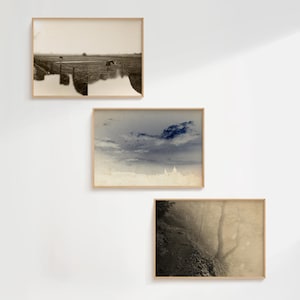 Könnte beinhalten: Drei rechteckige Wandbilder in hellen Holzrahmen. Das obere Bild zeigt ein sepiafarbenes Feld mit einem Pferd. Das mittlere Bild zeigt einen dunkelblauen, bewölkten Himmel über einem Horizont. Das untere Bild zeigt einen nebligen, dunklen Waldweg.