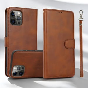 レザーダブルウォレットiPhoneケース - マグネット式取り外し可能カードホルダー、iPhone 16、15、14、13、および以前のモデルに対応