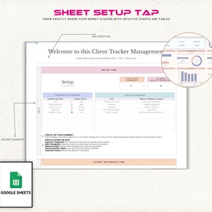 Pu&ograve; includere: Un modello di foglio di calcolo digitale per la gestione del tracciamento dei clienti su Google Sheets. L'interfaccia presenta una scheda di configurazione con categorie di pagamento, una pagina di benvenuto e un grafico riassuntivo. Testo: SHEET SETUP TAP.