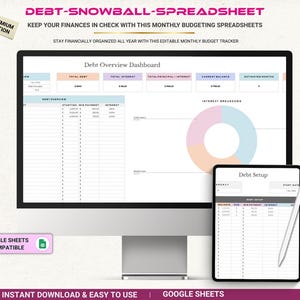 Kalkylblad med skuldsnöboll, skuldsaneringsspårare, skuldreduceringsplanerare, mall för skuldfri resa, budgetverktyg i Google Sheets, Excel-ekonomi
