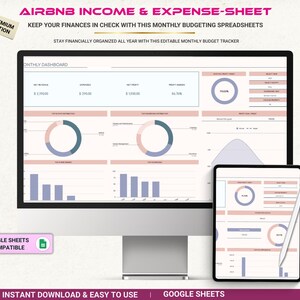 Kalkylblad för Airbnbs intäkter och utgifter, spårning av hyresfastigheter, bokföring av semesterbostäder, ekonomispårare för Airbnb, Excel och Google Sheets