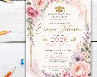 May include: A graduation celebration invitation card featuring watercolor floral illustrations in shades of pink and purple. The text includes Graduation Celebration, Emma Johnson, Class of 2026, Bachelor of Science, and event details.