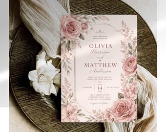 May include: A rectangular wedding invitation card featuring a soft pink background with dusty rose floral illustrations in the corners. The text reads: Olivia Harrison and Matthew Anderson, Saturday June 14 2025, The Garden Estate, Nashville, Tennessee.