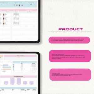 Pu&ograve; includere: Un modello di foglio di calcolo digitale visualizzato su due schermi, con una dashboard di gestione delle attivit&agrave; con colonne per date di inizio, priorit&agrave; e scadenze. L'interfaccia include caselle di testo rosa con le intestazioni PRODUCT, NO WAITING, NO SHIPPING e SUPPORT TEAM, insieme a grafici che tracciano lo stato delle attivit&agrave;.