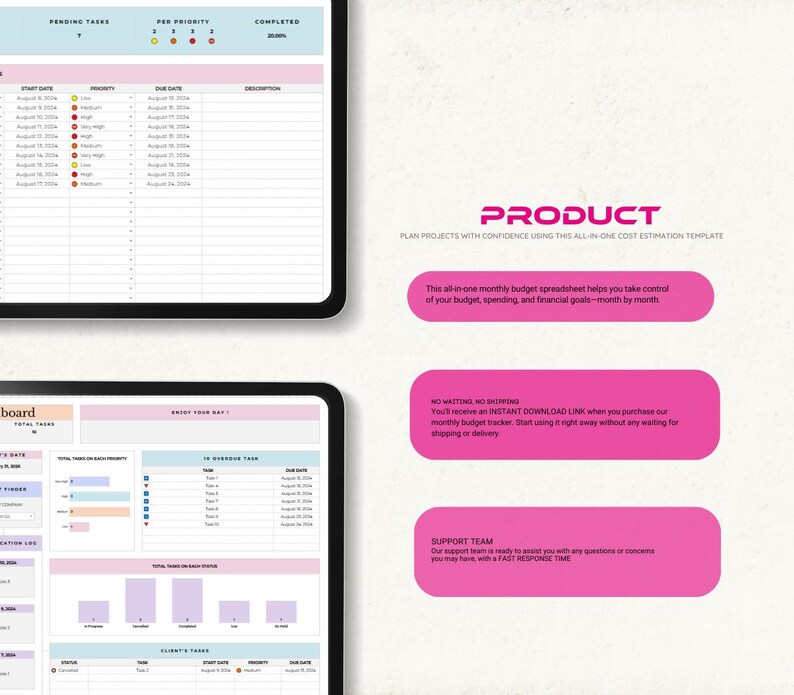 Pu&ograve; includere: Un modello di foglio di calcolo digitale visualizzato su due schermi, con una dashboard di gestione delle attivit&agrave; con colonne per date di inizio, priorit&agrave; e scadenze. L'interfaccia include caselle di testo rosa con le intestazioni PRODUCT, NO WAITING, NO SHIPPING e SUPPORT TEAM, insieme a grafici che tracciano lo stato delle attivit&agrave;.