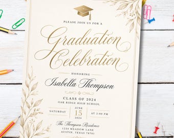 May include: A cream-colored graduation invitation card featuring gold text and a gold graduation cap icon. The text reads: Please join us for a Graduation Celebration honoring Isabella Thompson, Class of 2024, Oak Ridge High School, Saturday, June 15, 2024, at 2:00 PM, The Thompson Residence, 1234 Meadow Lane, Austin, Texas 78701. Kindly RSVP by June 5th to Emily at 512.555.1234.