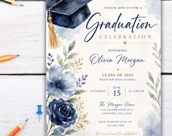 Blue Floral Graduation Invitation Template, Editable Graduation Invite, Graduation Party, Printable Graduation Card, Canva Template