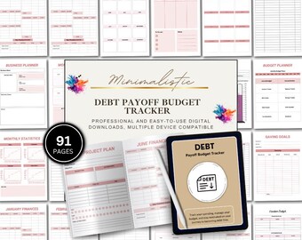 May include: A digital debt payoff budget tracker planner with 91 pages, featuring various financial templates like monthly finances, project plans, and saving goals. The layout includes pink accents, a tablet display, and a white stylus pen.