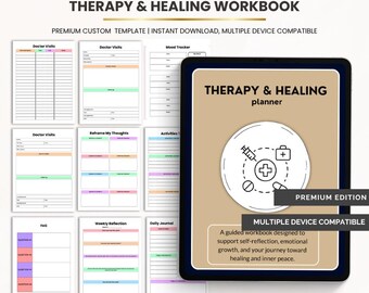 May include: A digital therapy and healing workbook displayed on a tablet screen with a tan cover featuring medical icons and text. The background shows multiple page layouts including doctor visits, mood trackers, and reflection logs in a grid.