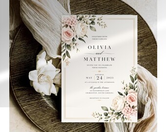 May include: A rectangular wedding invitation card featuring a cream background with a gold border. The design includes watercolor illustrations of pink and white roses with green leaves in the top left and bottom right corners. The text reads Olivia and Matthew, invite you to celebrate their wedding, Saturday May 24 2025, at o'clock in the afternoon, the garden terrace, 123 Bloomfield Lane, Charleston, South Carolina, reception to follow.