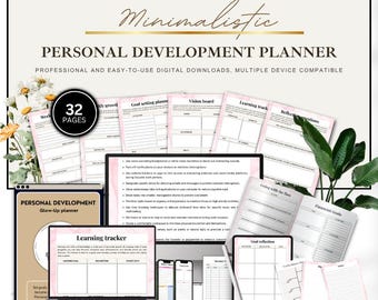 May include: A digital personal development planner set featuring multiple page layouts including goal setting, vision boards, and learning trackers. The display shows various templates with pink accents, text headers, and a 32-page count indicator.