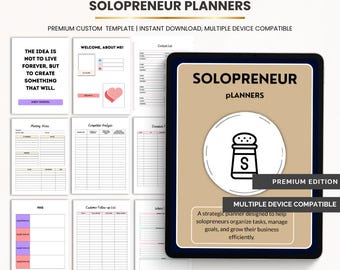 May include: A digital planner set titled Solopreneur Planners featuring multiple page templates including meeting notes, competitor analysis, and customer follow-up lists. A tablet displays a tan cover with a salt shaker icon and text.