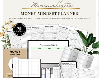 May include: A digital money mindset planner with 75 pages, featuring various budget templates, financial goal trackers, and preparation sketches displayed on a computer monitor, tablet, and smartphone screens with a tan cover design.