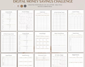 May include: A digital money savings challenge set featuring fifteen printable budget templates including account details, paycheck budget, credit card, 52-week savings tracker, account tracker, annual budget, money saving planner, and debt payment tracker.