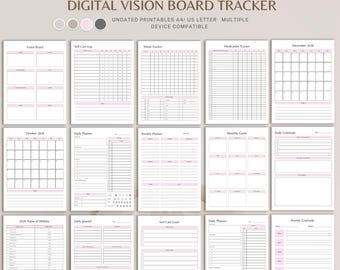 May include: A digital vision board tracker set featuring multiple printable planner pages with light pink accents. The collection includes templates for vision boards, self-care logs, mood trackers, medication trackers, calendars, daily and weekly planners, monthly goals, gratitude logs, and holiday lists.