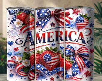 Adesivo per bicchiere America Strawberry Coquette, bicchiere sottile patriottico da 20 oz PNG, design per bicchiere del 4 luglio, sublimazione per bicchiere con fiocco USA
