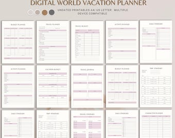 May include: A digital world vacation planner set featuring multiple printable pages in A4 and US Letter sizes. The layout includes sections for budget planning, travel itineraries, activity schedules, and journals with light purple accents.