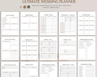 May include: A digital wedding planner set featuring multiple printable pages with black text on a white background. The header reads ULTIMATE WEDDING PLANNER and includes sections for timelines, checklists, contact lists, and venue comparisons.
