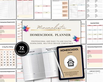 May include: A digital homeschool planner set featuring 72 pages of templates including a weekly tasks tracker, examination schedule, daily planner, password tracker, book list, and a 30-day fitness challenge, all displayed with a minimalist design.