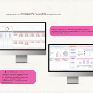 Pu&ograve; includere: Due monitor di computer che mostrano un modello di foglio di calcolo per entrate e uscite Airbnb. Gli schermi visualizzano dashboard finanziarie, calendari mensili e tabelle di monitoraggio del budget con accenti rosa e blu. Il testo include AIRBNB INCOME & EXPENSE-SHEET, UNIVERSAL COMPATIBILITY e dettagli sulla gestione del budget mensile.
