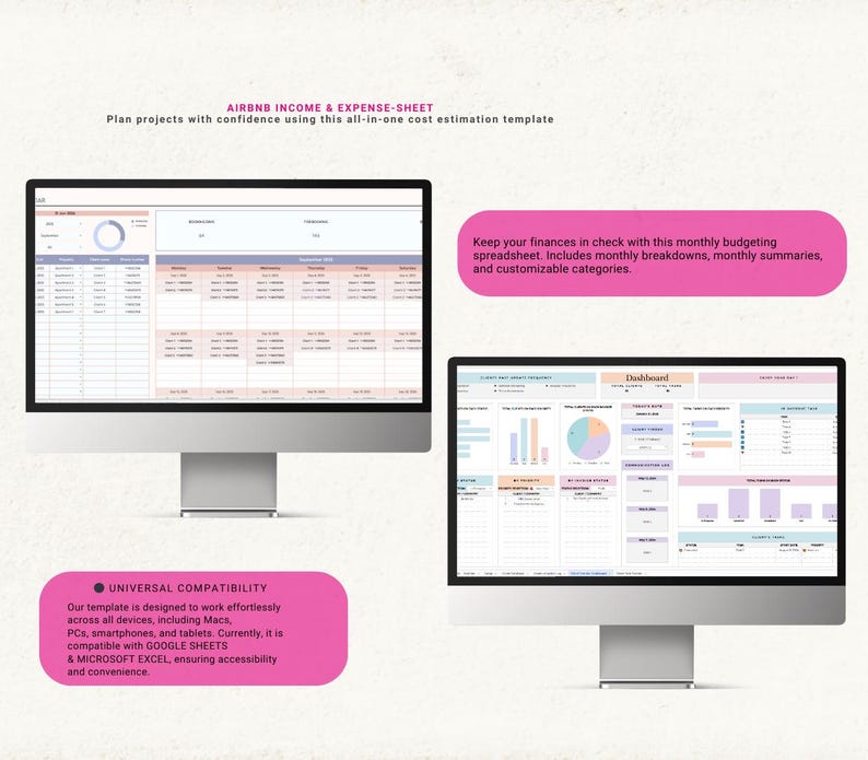 Pu&ograve; includere: Due monitor di computer che mostrano un modello di foglio di calcolo per entrate e uscite Airbnb. Gli schermi visualizzano dashboard finanziarie, calendari mensili e tabelle di monitoraggio del budget con accenti rosa e blu. Il testo include AIRBNB INCOME & EXPENSE-SHEET, UNIVERSAL COMPATIBILITY e dettagli sulla gestione del budget mensile.