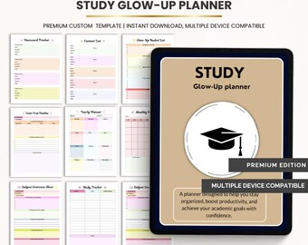 May include: A digital study planner template displayed on a tablet screen with a tan background, featuring a graduation cap icon and the text STUDY Glow-Up planner. Multiple pages are visible in the background, including trackers for passwords, contacts, exams, and subjects with pastel-colored accents.