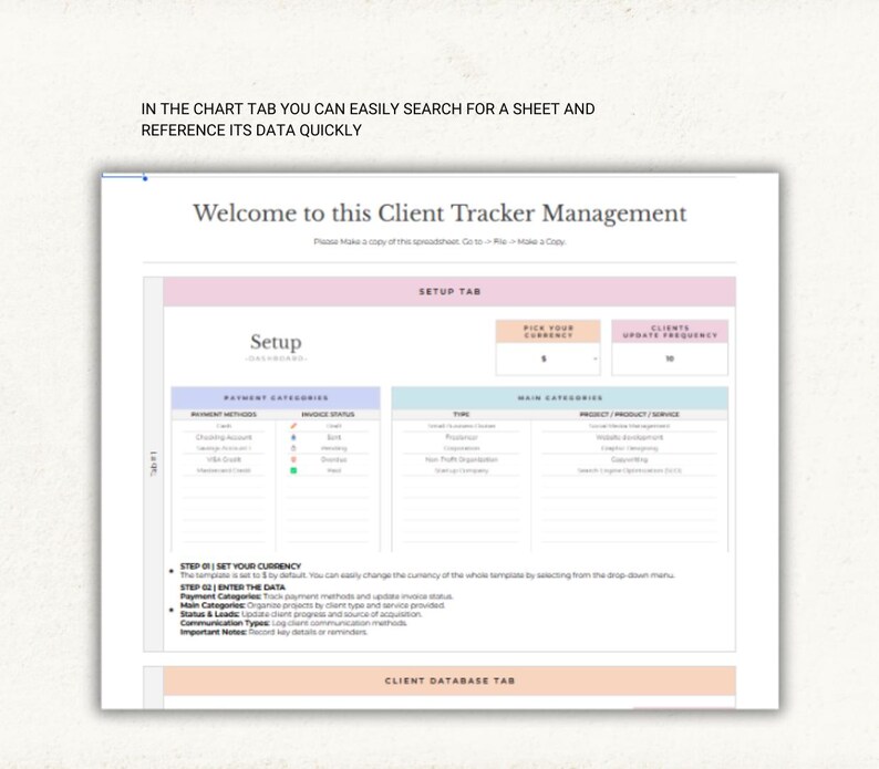 Pu&ograve; includere: Un modello di foglio di calcolo digitale intitolato Welcome to this Client Tracker Management. Include una scheda di configurazione con sezioni per categorie di pagamento, categorie principali e istruzioni. Il testo include IN THE CHART TAB YOU CAN EASILY SEARCH FOR A SHEET AND REFERENCE ITS DATA QUICKLY.