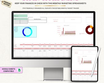 May include: A digital monthly budget tracker displayed on a computer monitor and tablet. The interface features tables, a blue donut chart, a red bar graph, and a dark red pie chart. Text includes BUDGET GOOGLE-SHEETS, PREMIUM EDITION, and GOOGLE SHEETS COMPATIBLE.
