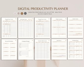 May include: A digital productivity planner set featuring ten distinct templates including Personal Finance Tracker, Advertising Tracker, Product Evaluation, Weekly Review, Keyword Worksheet, Campaign Manager, Customer Follow Up List, Daily Review, and Packaging Planner.