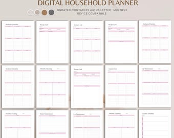 May include: A digital household planner set featuring fifteen white printable pages with light pink headers and grid lines. The text reads DIGITAL HOUSEHOLD PLANNER, UNDATED PRINTABLES A4/ US LETTER, and MULTIPLE DEVICE COMPATIBLE with four circular color swatches.