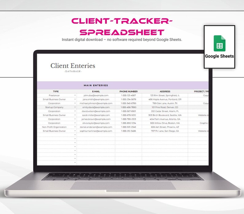 Pu&ograve; includere: Uno schermo di un portatile che mostra un foglio di calcolo digitale per il monitoraggio dei clienti con colonne per tipo, e-mail, numero di telefono, indirizzo e progetto. L'intestazione recita Client Entries Database. Un'icona di Google Sheets &egrave; visibile.