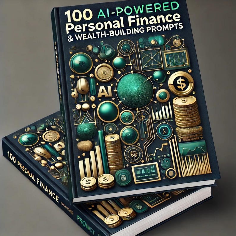 Puede incluir: Un libro titulado "100 AI-Powered Personal Finance & Wealth-Building Prompts" con un dise&ntilde;o verde y dorado que presenta una variedad de s&iacute;mbolos e iconos financieros.