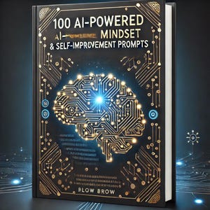 May include: A black book cover with a gold circuit board design featuring a glowing brain in the center. The book title is "100 AI-Powered Mindset & Self-Improvement Prompts".