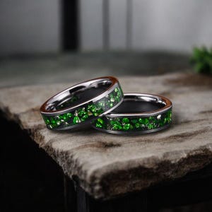 Crushed Emerald Inlay Tungsten Ring (6mm) – Unique Green Wedding Band for Men & Women, Polished Comfort Fit Jewelry