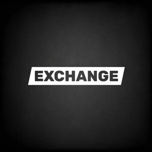 May include: A white rectangular shape on a black background, containing the word "EXCHANGE" in a bold, sans-serif font. The text is white, and the background is a solid black.