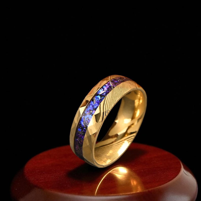 Damascus Steel Ring: Purple Amethyst Inlay, Hammered Cosmos Wedding ...