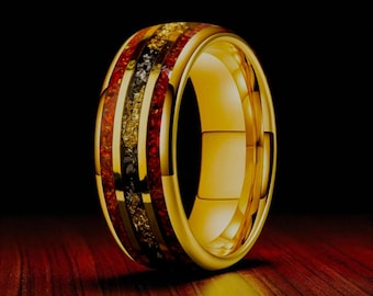 Red Opal, Gold Leaf & Meteorite Inlay 8MM Tungsten Carbide Wedding Ring
