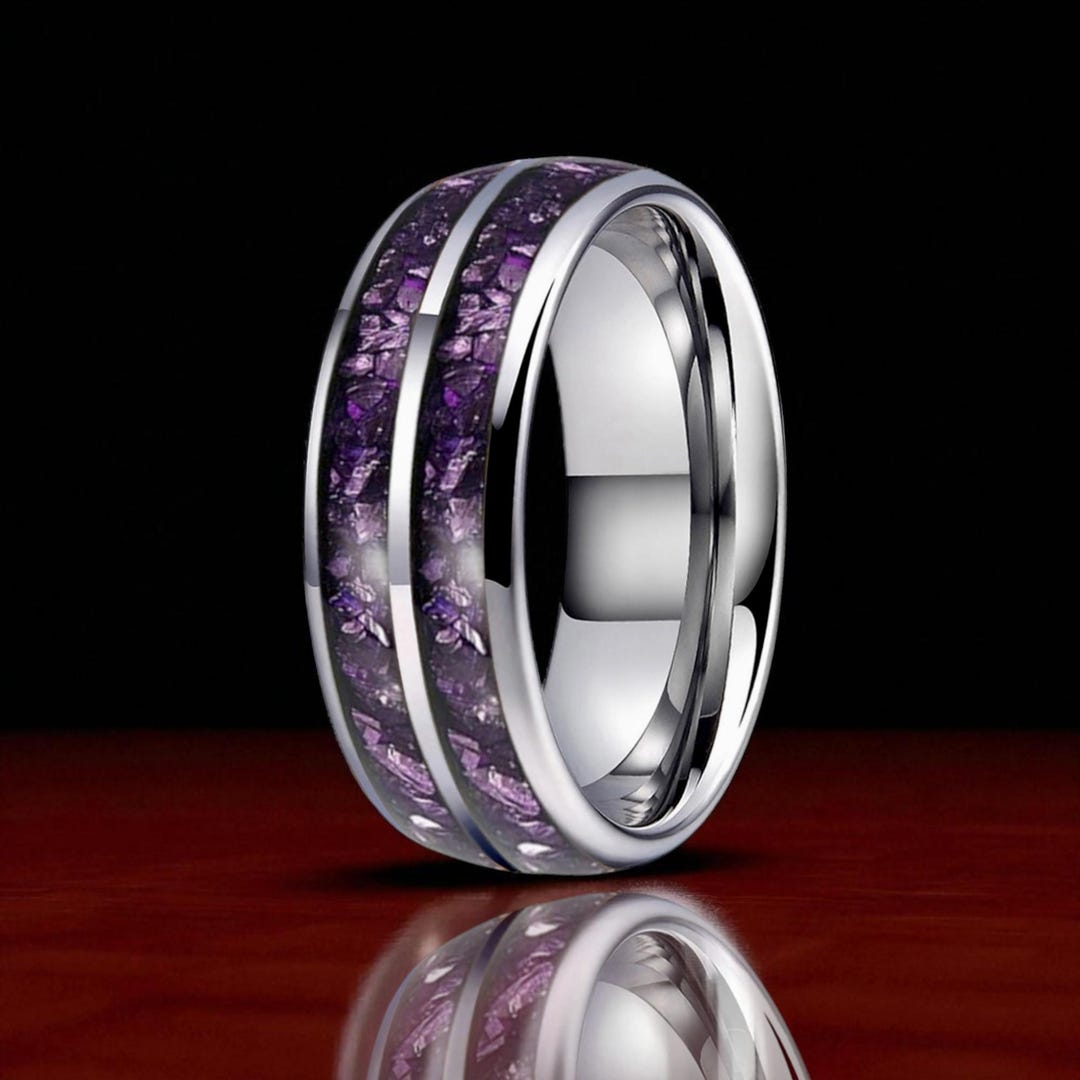 Purple Amethyst Inlay Tungsten Ring (8MM) - Silver Comfort Fit Wedding ...